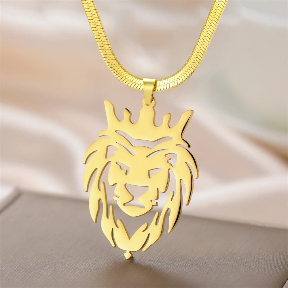 Crown Lion King Snake Chain Pendant — Stainless Steel
