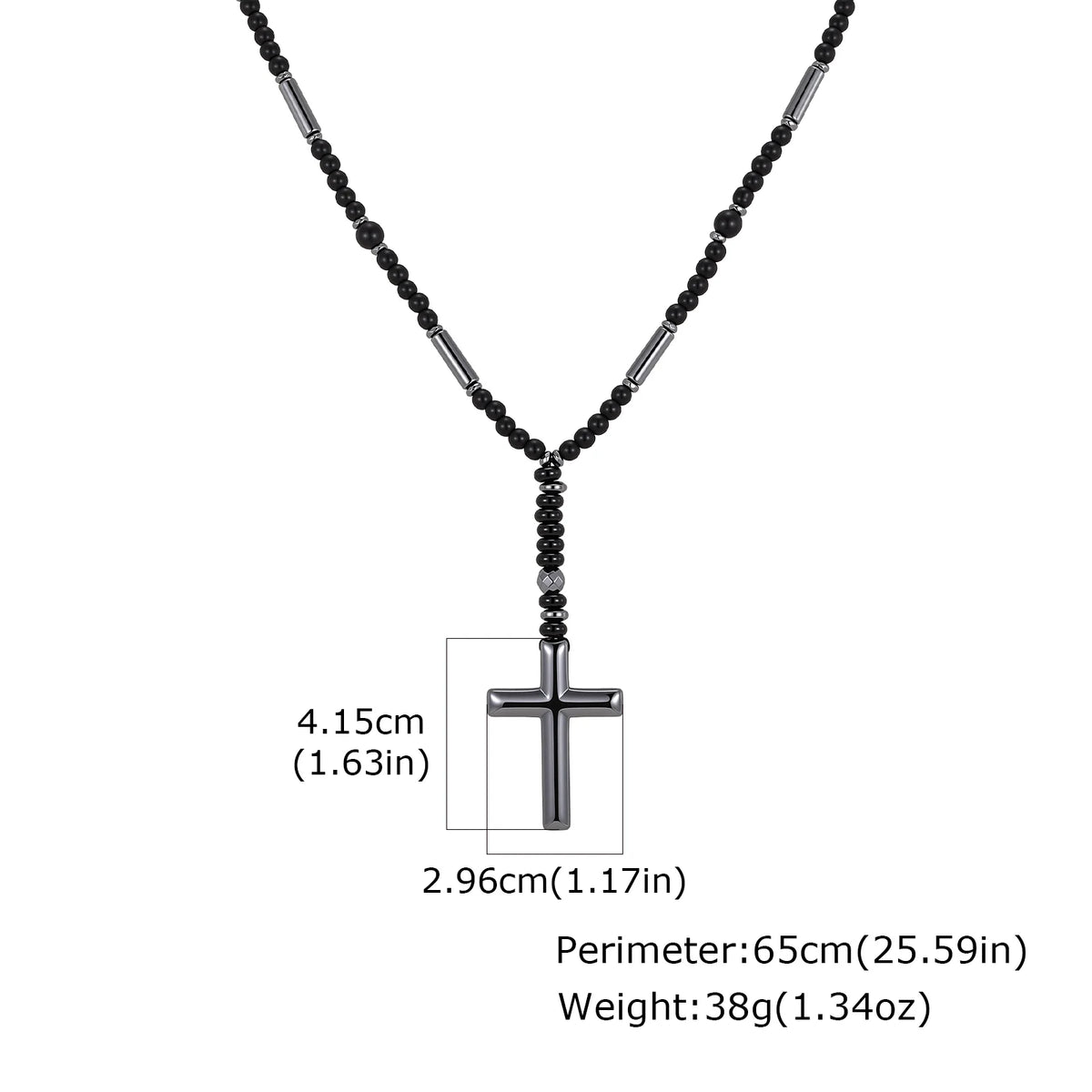 Retro Natural Stone Black Hematite Beaded Necklace Cross Pendant Beads Chain Long Necklace for Men Stylish Religious Jewelry