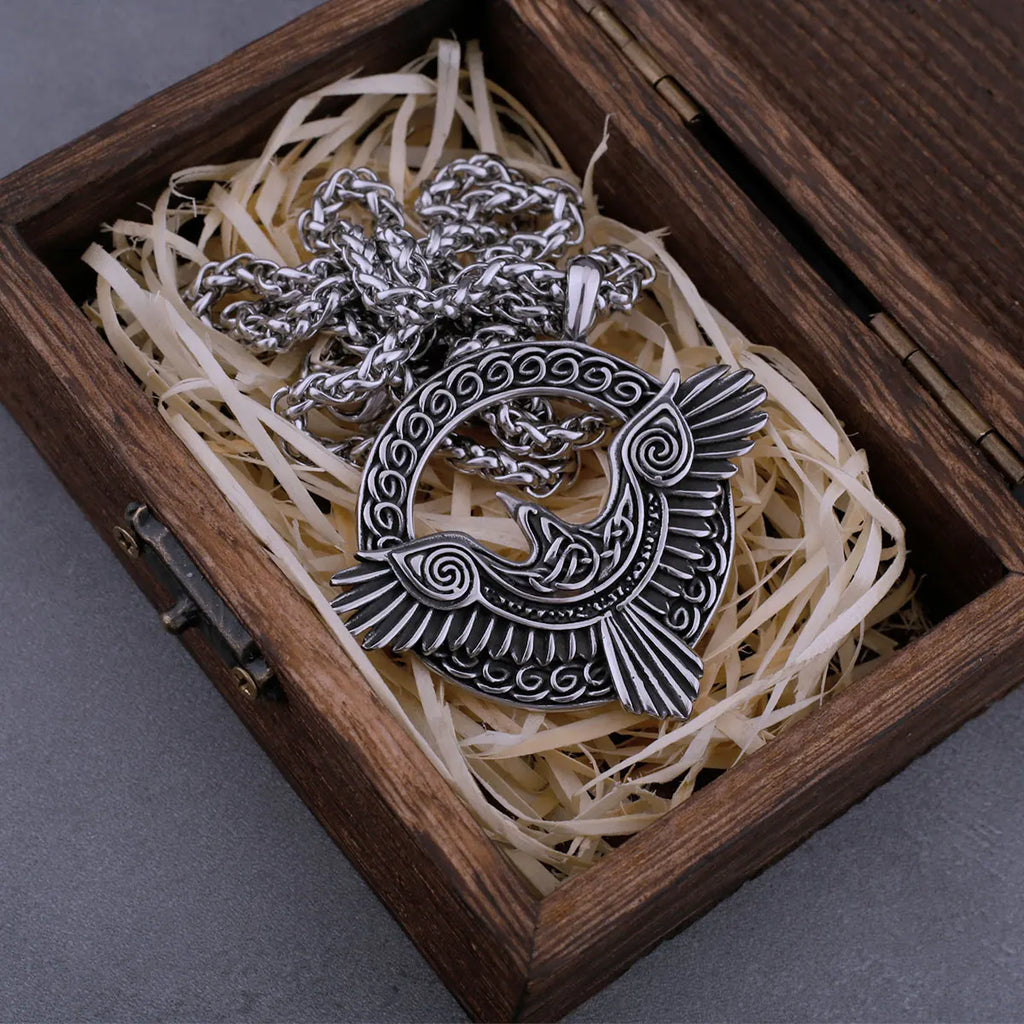 Stainless Steel Viking Odin Raven Necklace Men Vintage Huginn Muninn Celtic Knot Fashion Amulet Pendant Jewelry Gifts