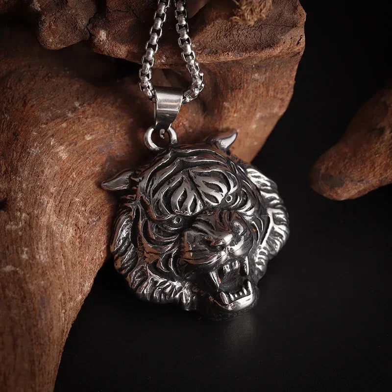 Domineering Ferocious Tiger Head Pendant Stainless Steel Animal Necklace Men's Punk Trend Cool Jewelry Boy Gift