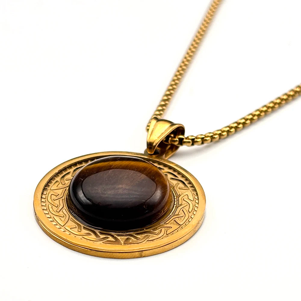 Celtic Knot Tiger Eye Pendant Necklace — Gold-Tone