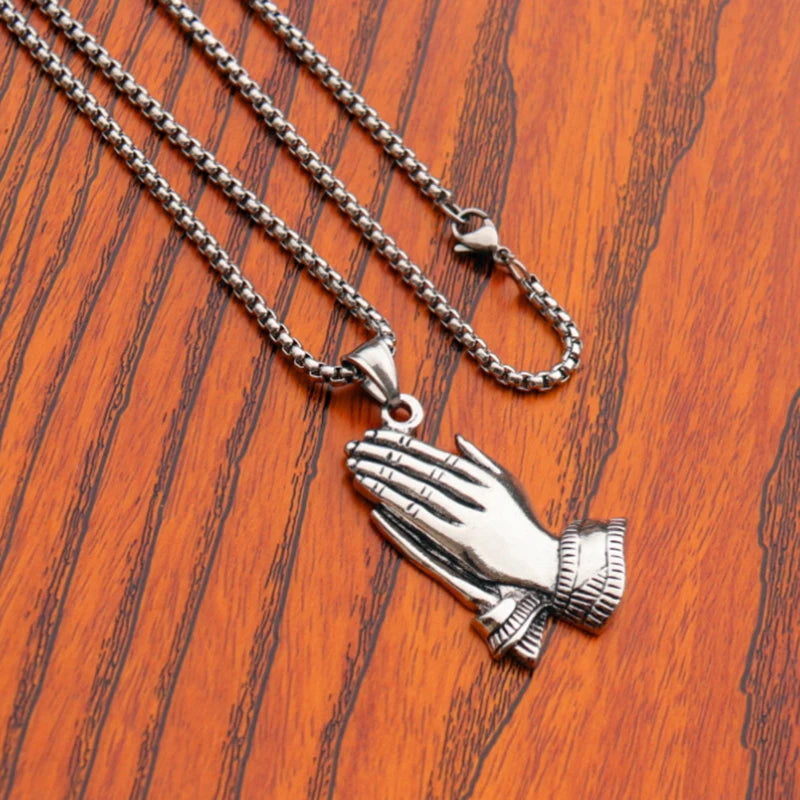 Silver Praying Hands Pendant Necklace Statement