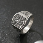 LNCHRAN Men 316L Stainless Steel Silvery Paved Black Synthetic Zircon Signet Ring Gothic Jewelry Gift For Men