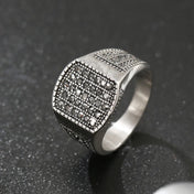LNCHRAN Men 316L Stainless Steel Silvery Paved Black Synthetic Zircon Signet Ring Gothic Jewelry Gift For Men