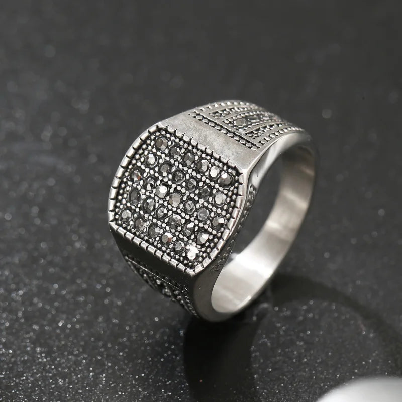 LNCHRAN Men 316L Stainless Steel Silvery Paved Black Synthetic Zircon Signet Ring Gothic Jewelry Gift For Men