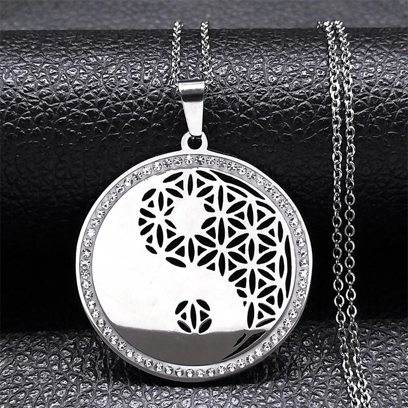 Iced Out Tree of Life Silver Necklace — Stainless Steel