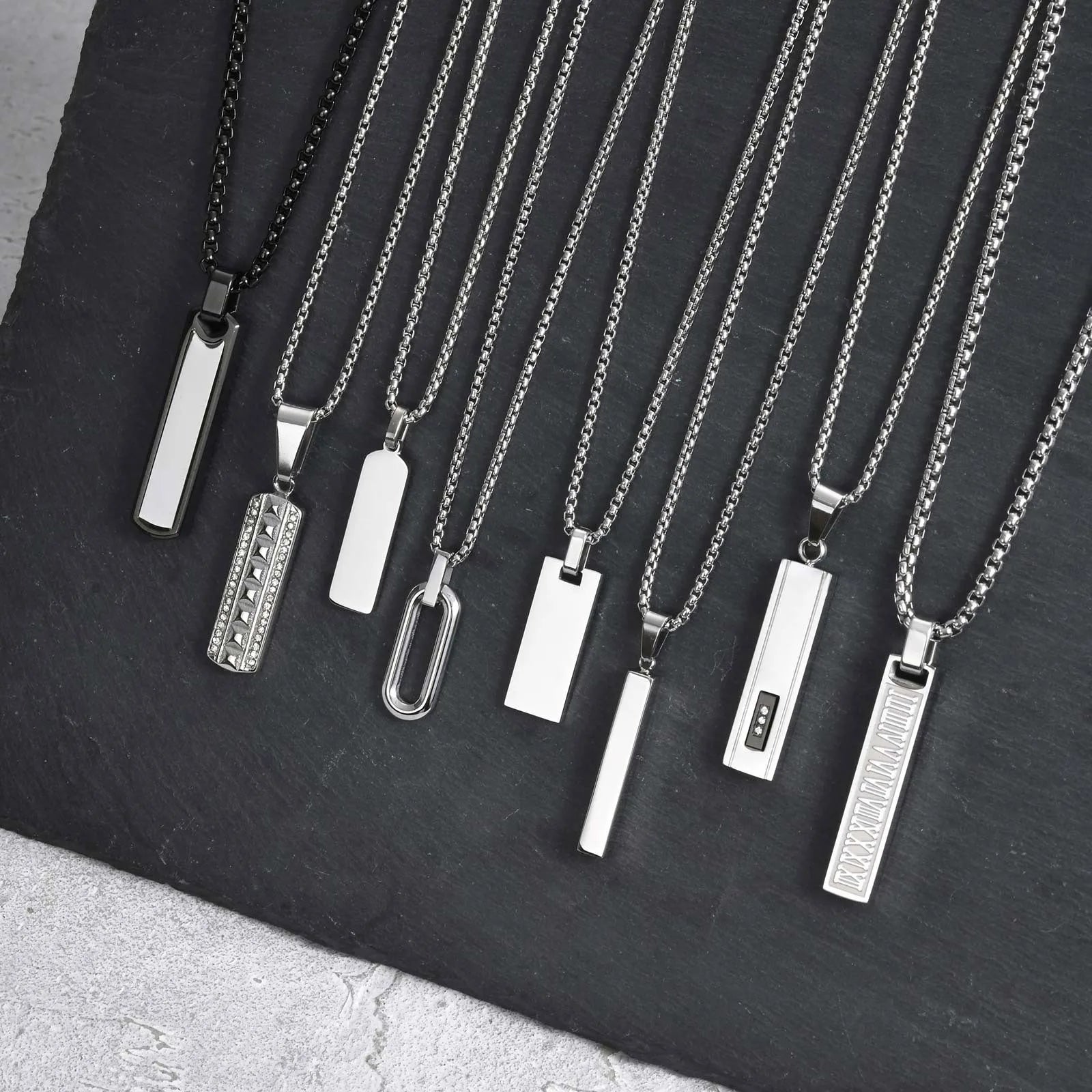 Vnox Mens Silver Color Bar Necklaces, Geometric Stainless Steel Pendant with Box Chain, Minimalst Metal Jewelry Gift