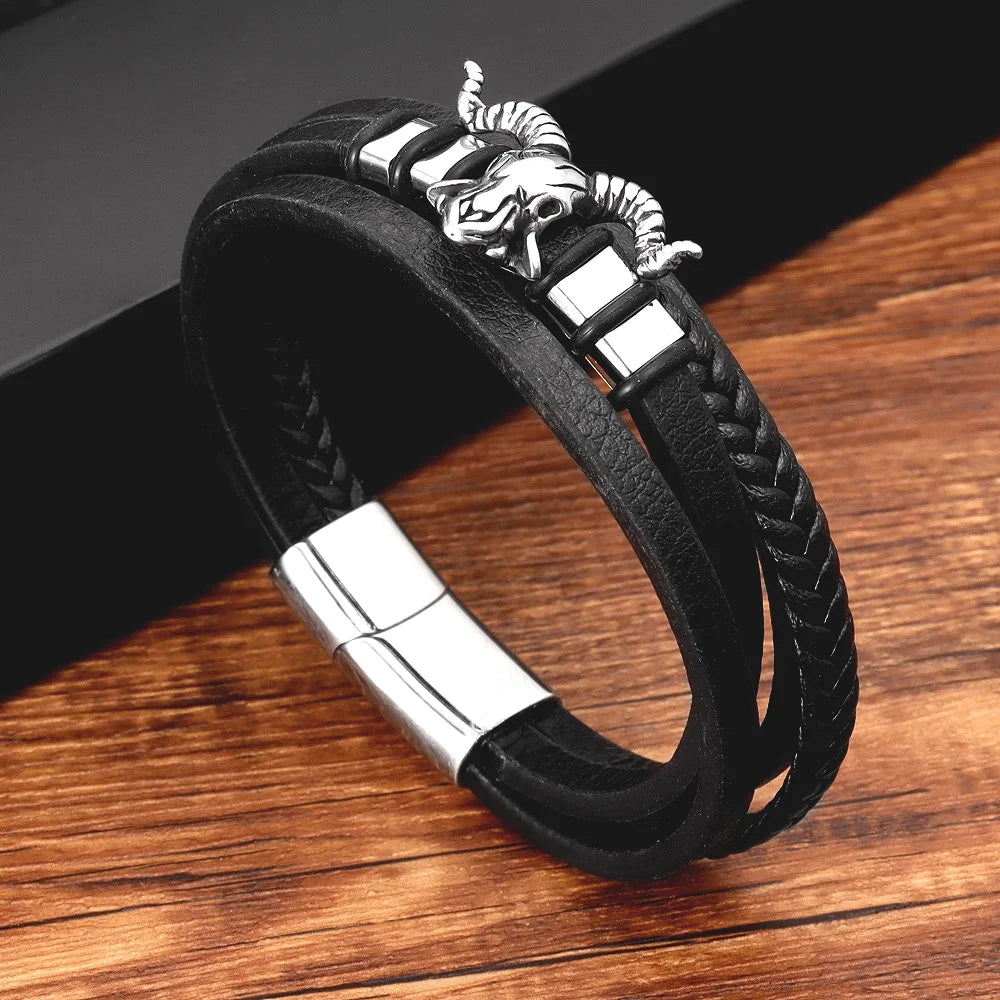 New Vintage Leather Woven Rope Bracelet Titanium Steel Sheep's Head Magnetic Buckle Men's Bracelet Fashion Jewelry
