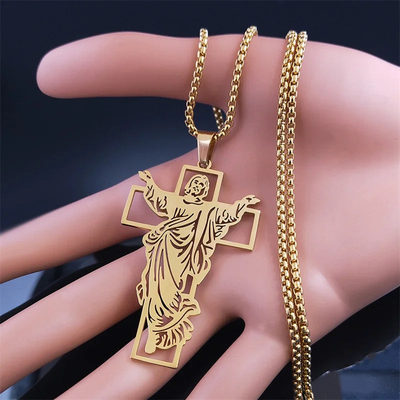Jesus Cross & Virgin Mary Cutout Necklace — Stainless Steel