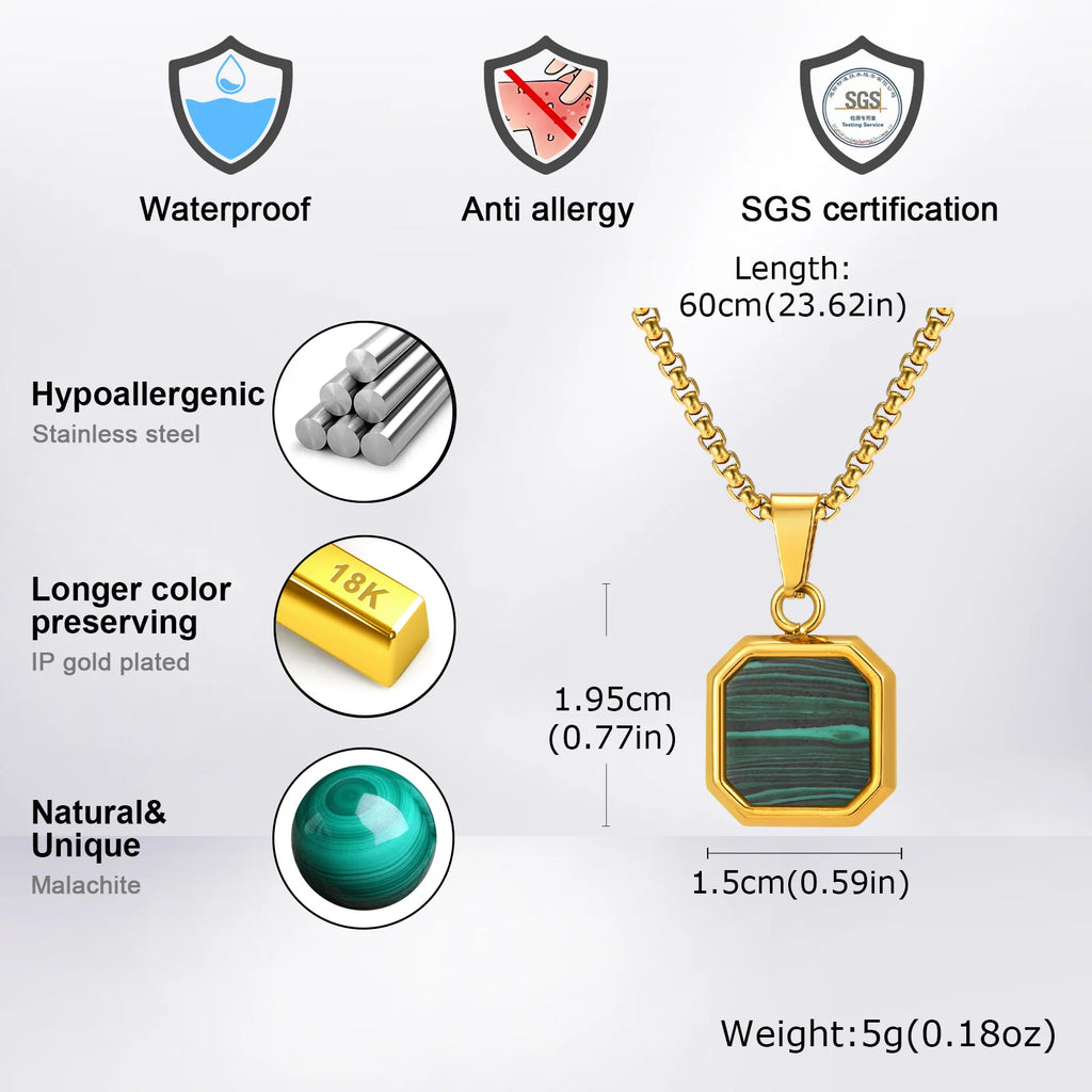 Fashion High Quality Natural Stone Square Pendant Stainless Steel Long Chain Necklace Trendy Simple Popular Jewelry for Men Gift