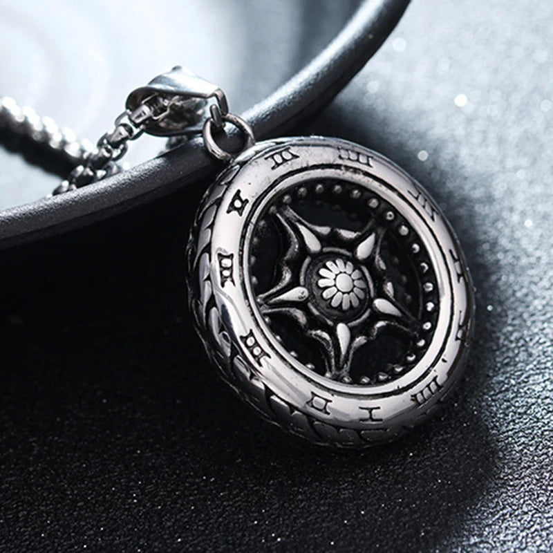 Vintage Silver Tire Pendant Necklace Stainless Steel