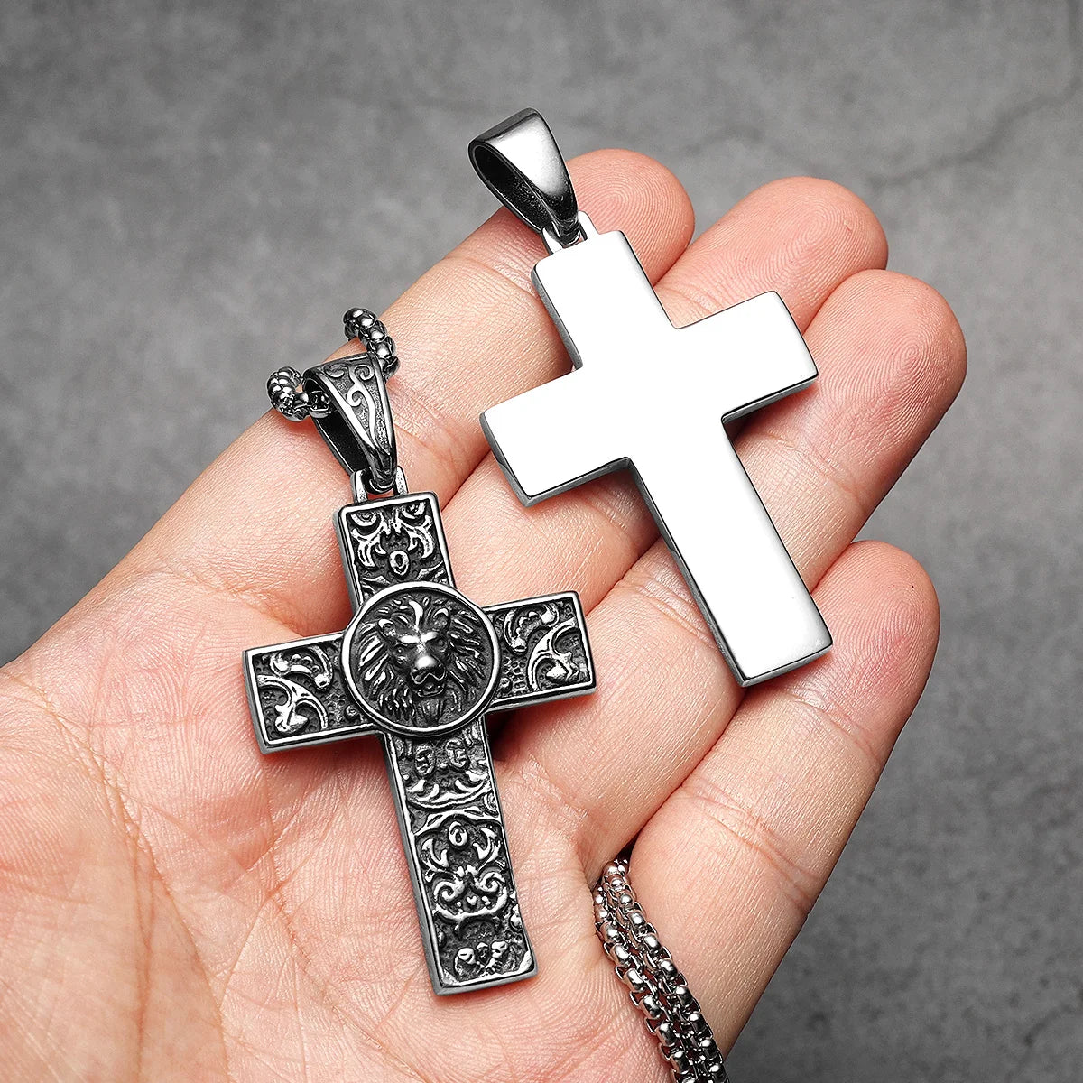 Lion Carving Flowers Cross Men Necklaces Stainless Steel Pendant Chain Women Fashion Jewelry Punk Accessories Gifts