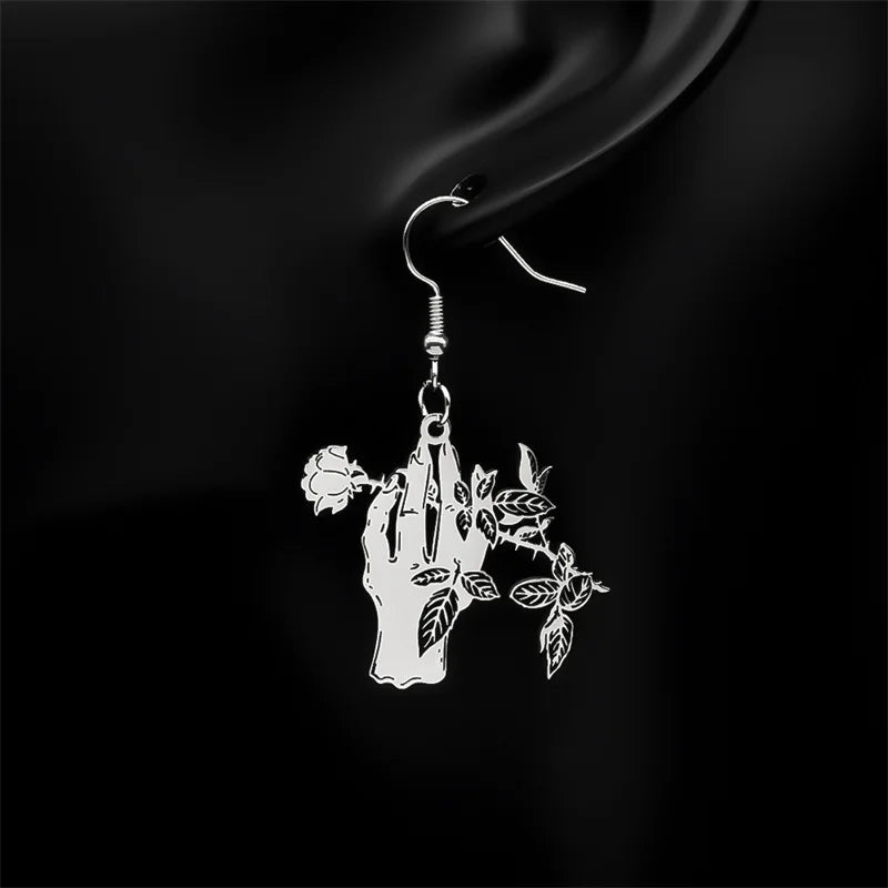 Gothic Silver Earrings Punk Rose Hand Hoop Elegant