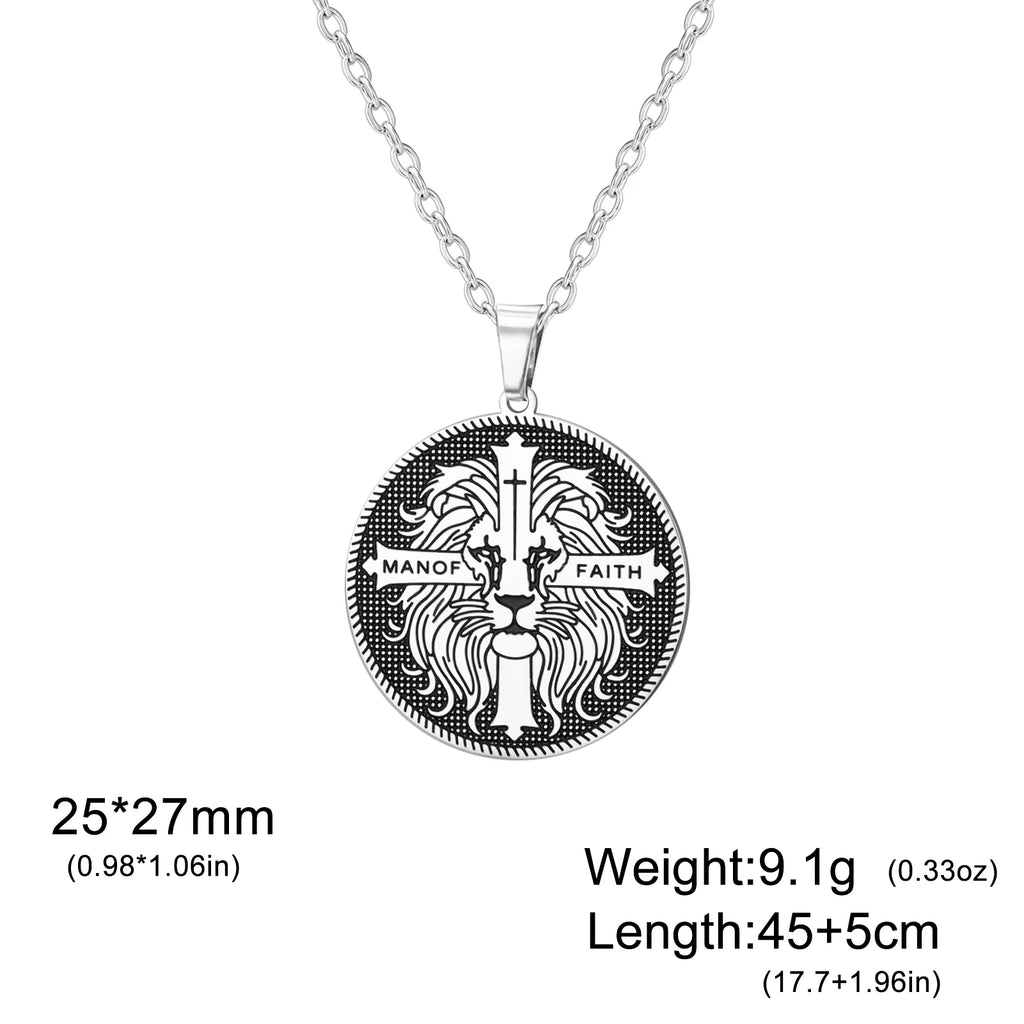 Cazador Vintage Man of Faith Lion Cross Pendant Necklace for Women Men Stainless Steel Box Chain Christian Faith Jewelry Gifts