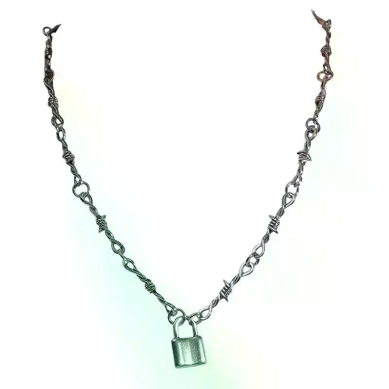 Punk Gothic Thorns Barbed Wire Chain Necklace Vintage Choker Hip Hop Pendant Lock Necklace For Party Birthday Gift