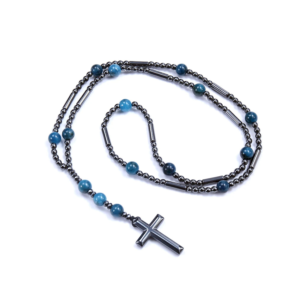 Black Hematite Blue Stone Cross Pendant Necklace — Black-Tone