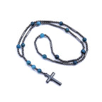 Fashion Black Hematite Beads with Blue Natural Stone Cross Pendant Necklace for Men and Womern Sweater Chain