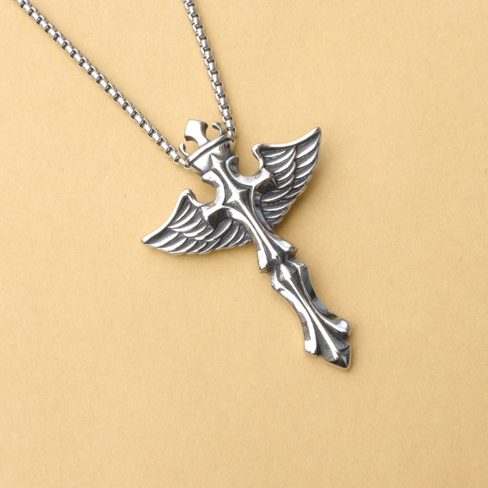 Silver Wings Cross Pendant Necklace Vintage