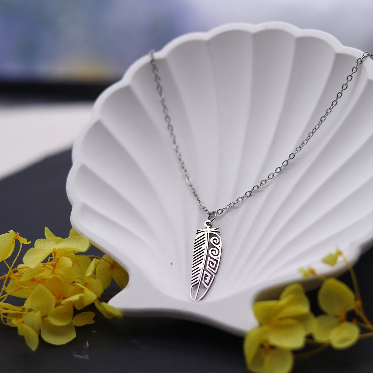Kinitial Boho Feather Pendant Male Necklace For Women Men Stainless Steel Silver Color Leaf Chain Jewelry Gift collar