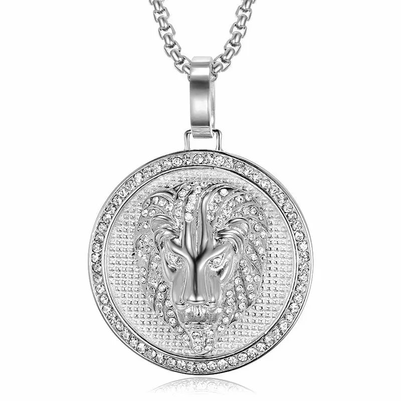 Iced Out Lion Head Round Pendant Necklace