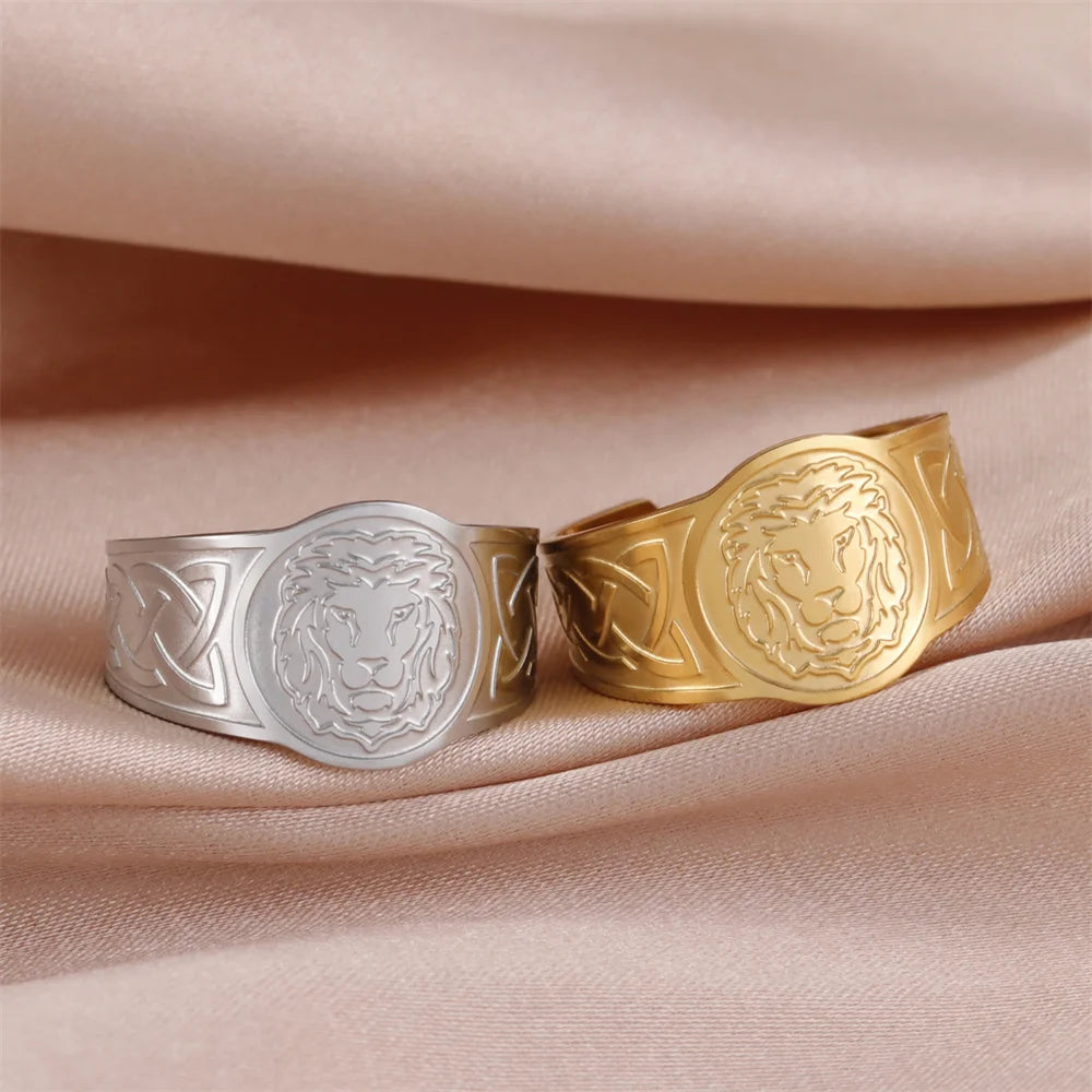 My Shape Lion Rings for Men Punk Celtics Knot Animals Resizable Stainless Steel Finger Ring Nordic Vintage Jewelry