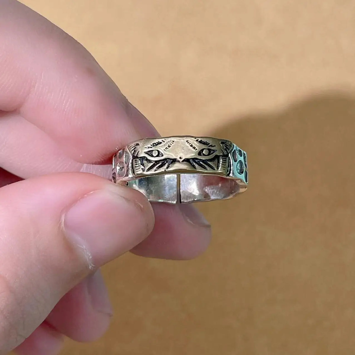 Vintage Tiger Collision Ring — Two-Tone Metal