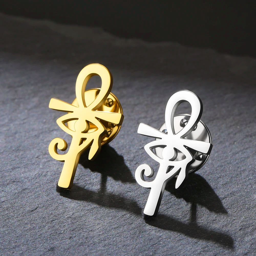 Dawapara Ankh Cross Brooch Ancient Egyptian Eye of Horus Lapel Pins Protection Amulet Stainless Steel Jewelry