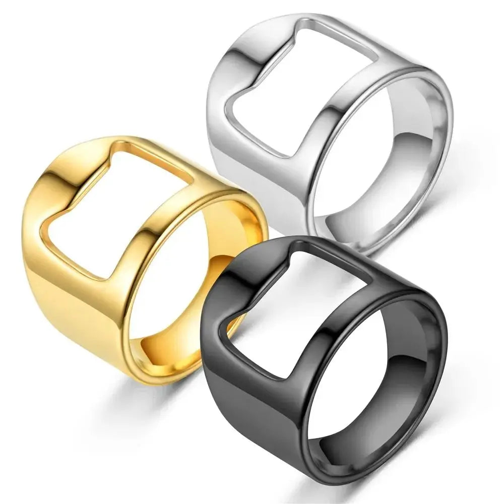 Fashion Stainless Steel Men Bottle Opener Rings Western High Quality Simple Titanium Steel Black White Ring For Friend Jewelry