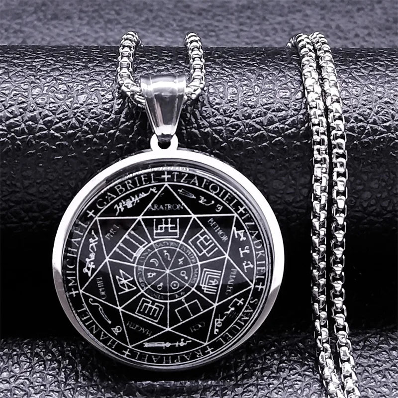 Seal of Seven Archangels Medal Stainless Steel Glass Necklace Seal of Solomon Talisman Necklace Protection Jewelry