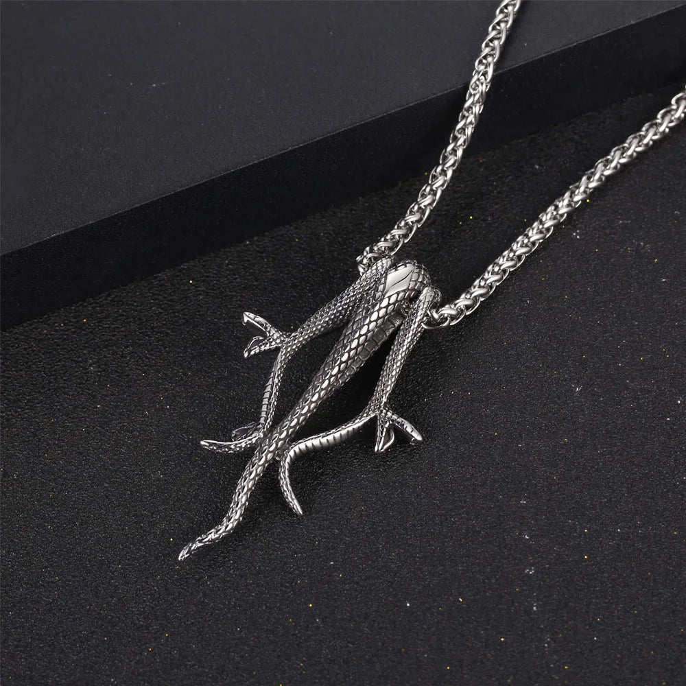 Retro Long Snake Three Headed Snake Pendant Necklace Stainless Steel Punk Biker Snake Necklace For Men Women Jewelry Gift
