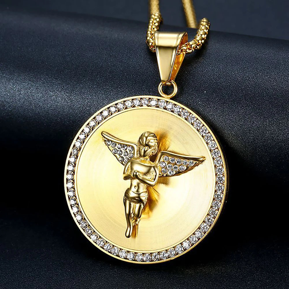 Iced Out Big Angel Round Pendant Necklace — Gold, Stainless Steel