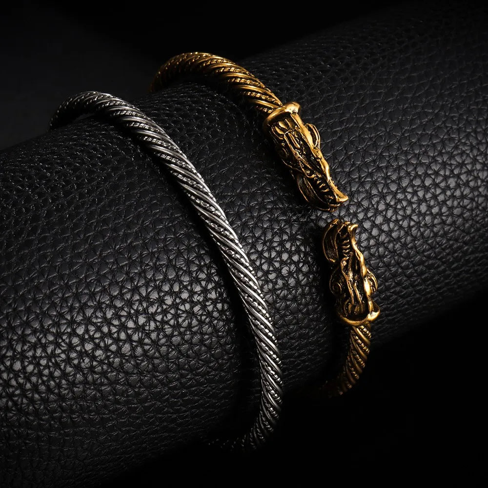 Classic Animal Viking Double Wolf Head Adjustable Bracelet Men Stainless Steel Bracelet Fashion Double Snake Heads