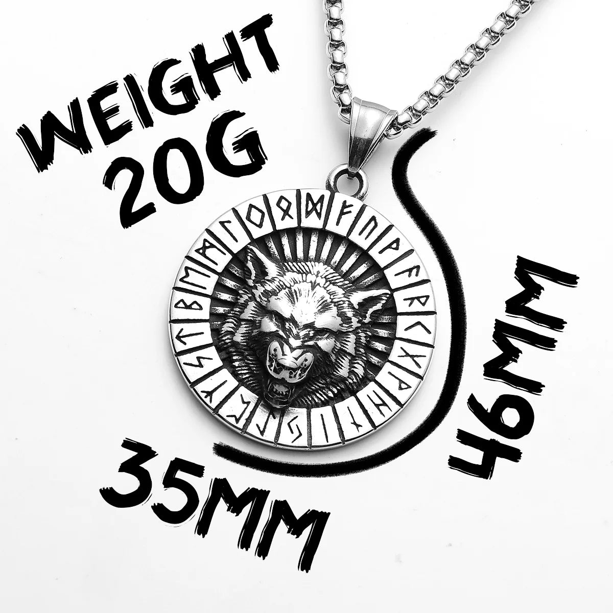Viking Runes Wolf Pendant Necklace for Men — Stainless Steel