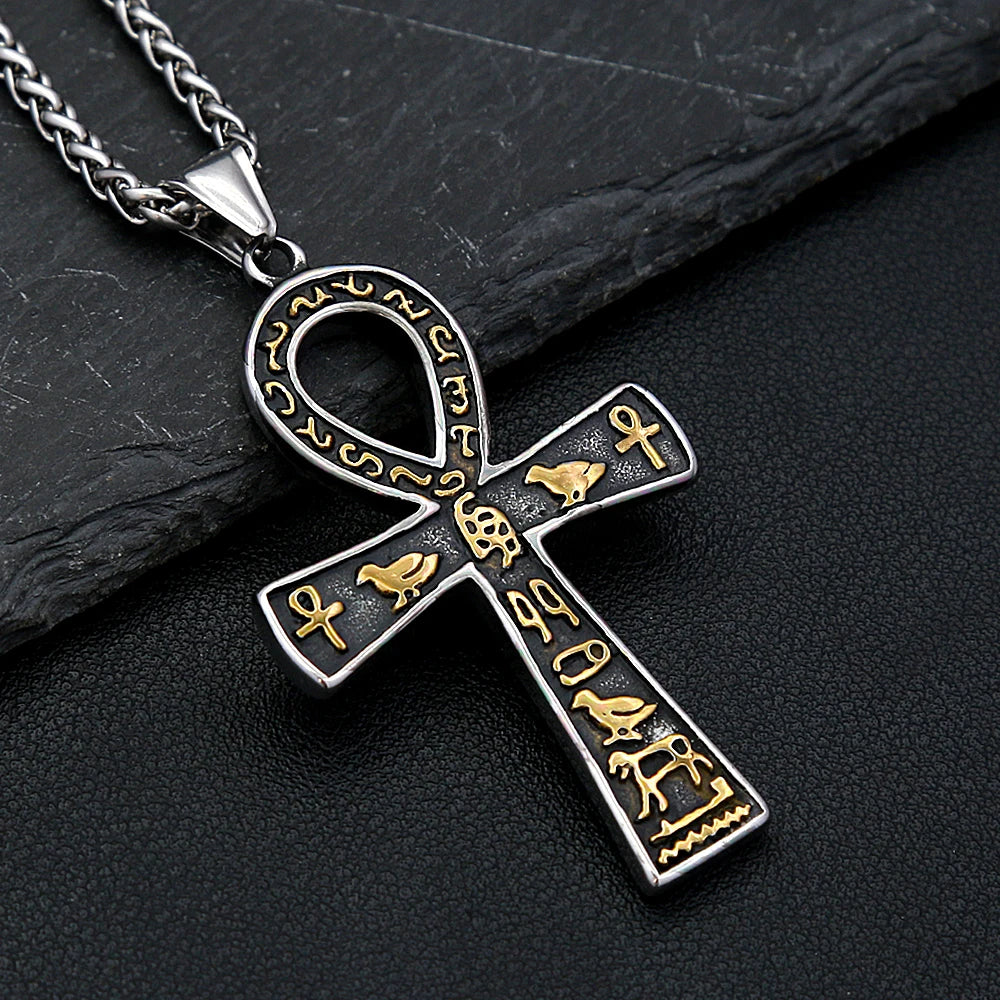 Vintage Punk Anka Cross Pendant Stainless Steel Egyptian Necklaces For Men Women Unique Rune Amulet Jewelry Gifts