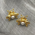 Gold Bee Pearl Stud Earrings — Stainless Steel
