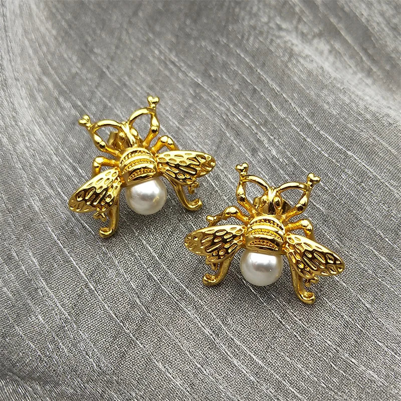 Gold Bee Pearl Stud Earrings — Stainless Steel