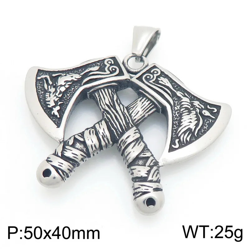 Trendy Retro Crow Prairie Wolf Double Sided Viking Tomahawk Pendant Necklace Charm Men's Necklace Metal Accessorie Party Jewelry