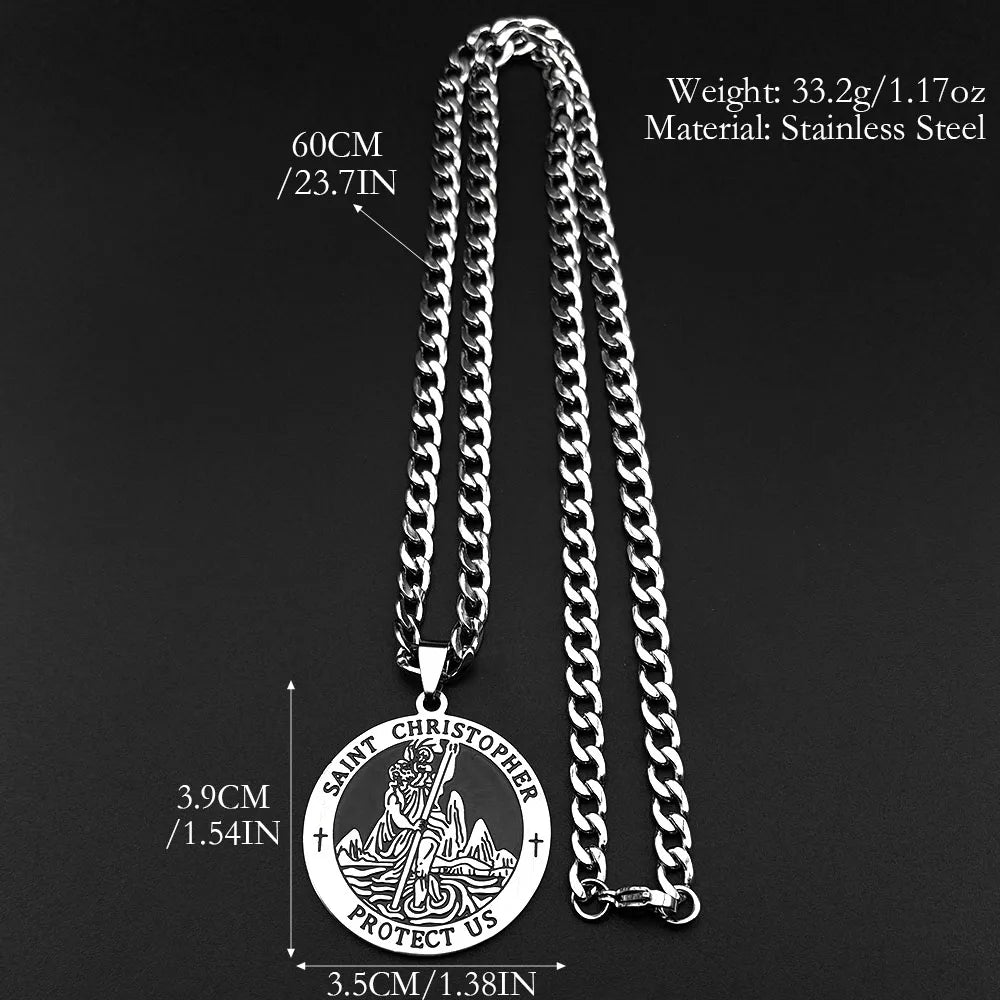 Saint Christopher Protect Us Enamel Medal Pendant Necklace for Women Men Stainless Steel Christian Chain Amulet Jewelry