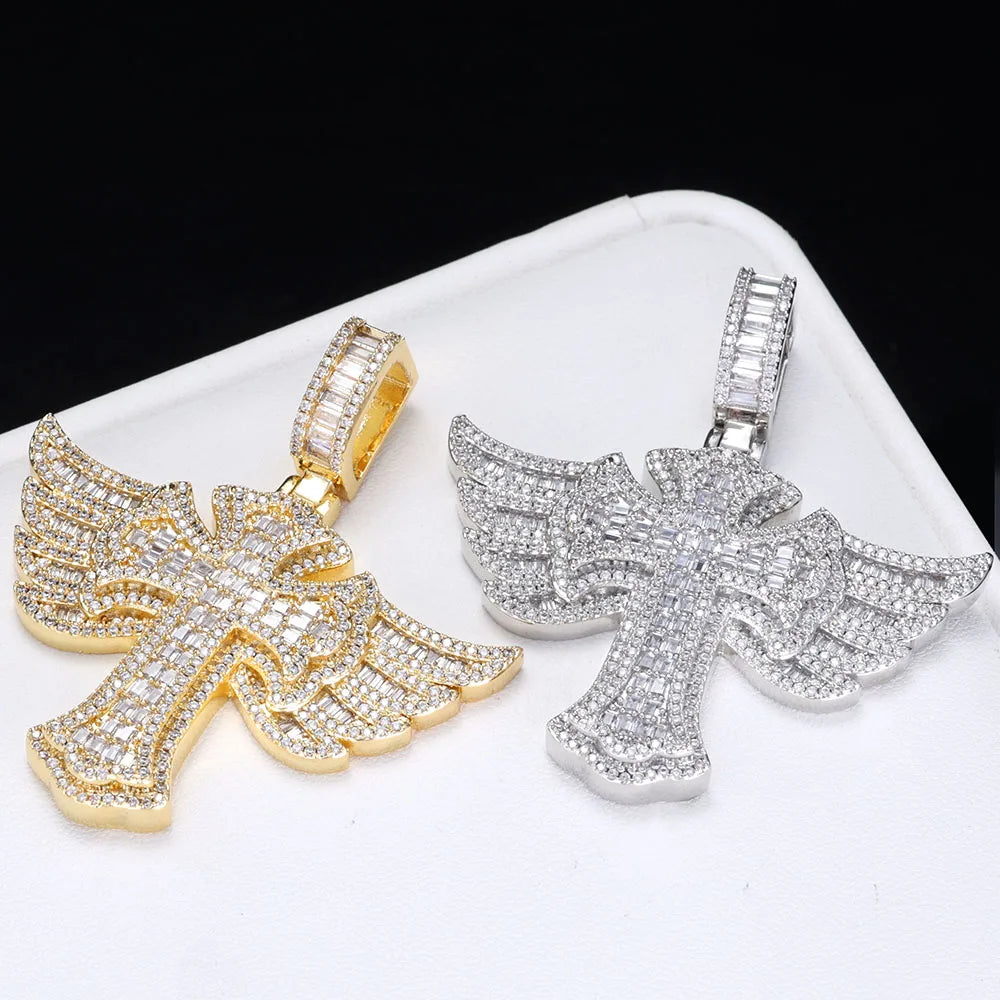 Cross Angel Wings Pendant Necklace Iced Out