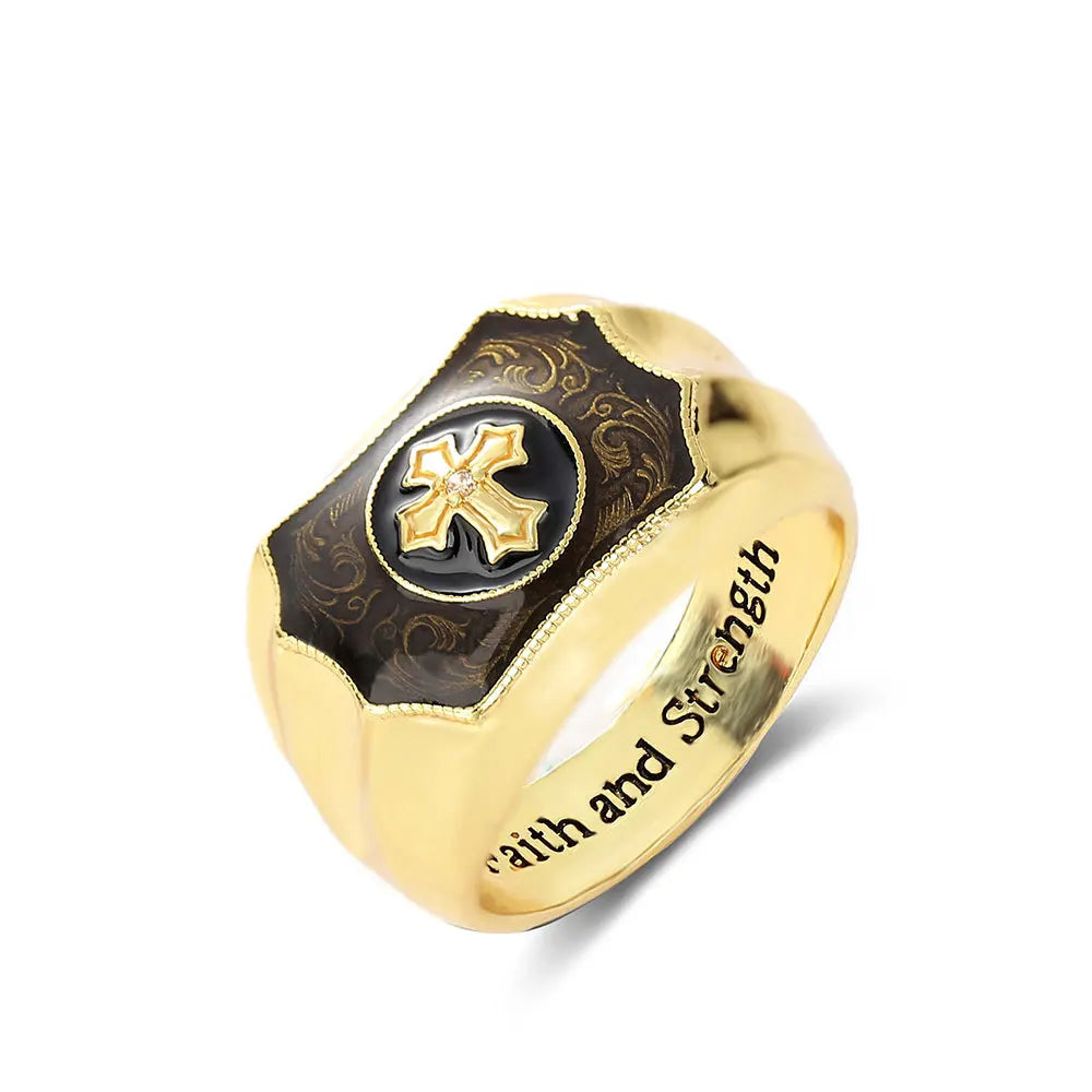 Men's Black Cross Ring — Gold-Tone