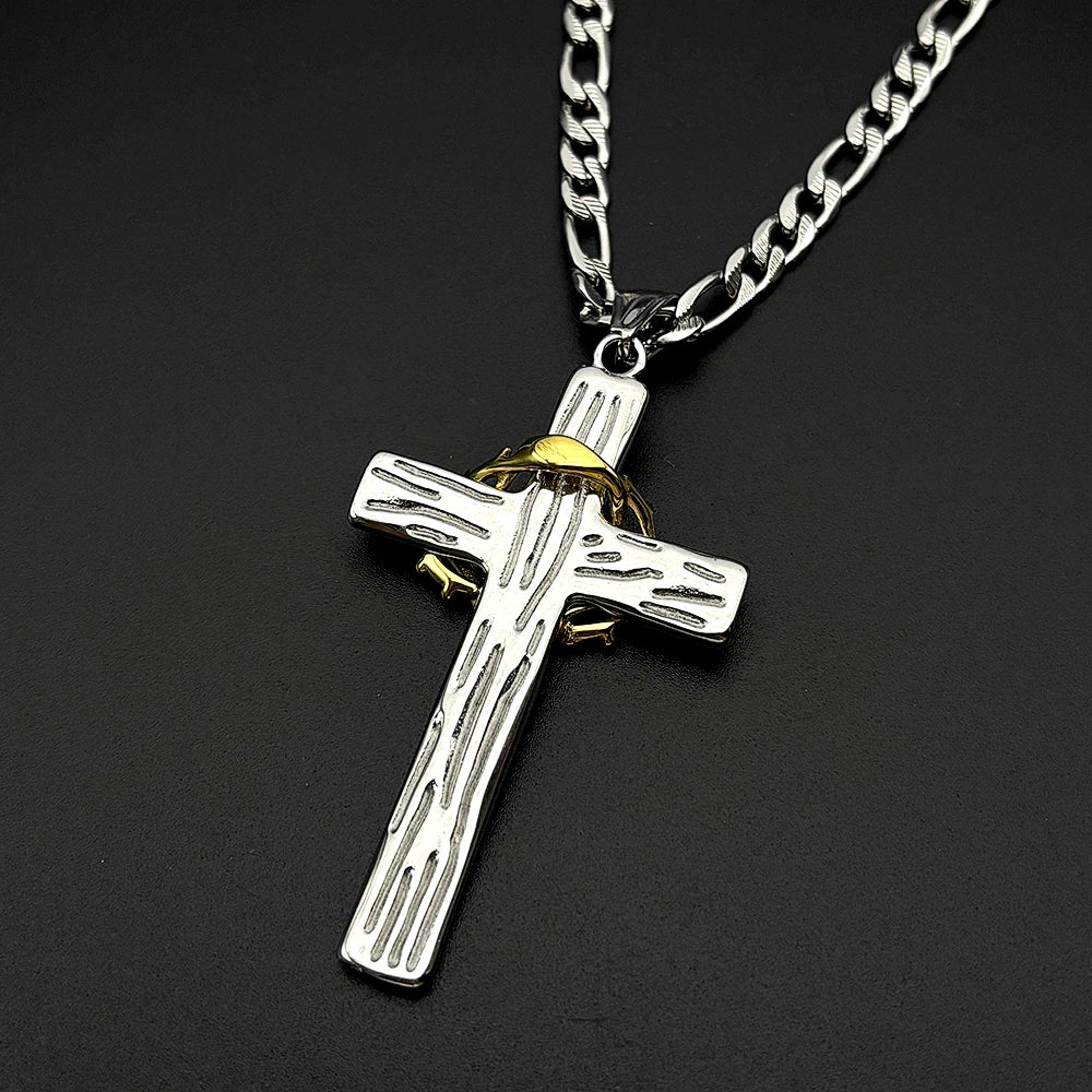 Crown of Thorns Jesus Cross Pendant — Two-Tone