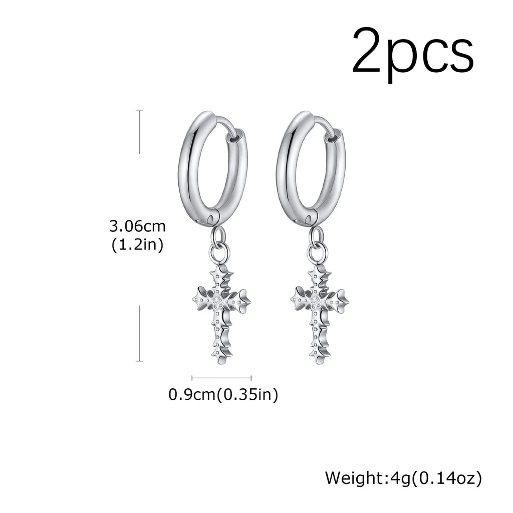 Punk Gothic Thorn Cross Pendant Hoop Earrings, Cool Hip Hop Stainless Steel Drop Earrings, Fashion Daily Party Jewelry