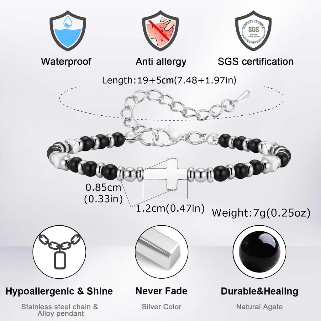 Vnox Men's Cross Natural Stone Beads Bracelets, 19-24cm Adjustable Length Lobster Clasp Trendy Chain Wristband Jewelry for Him