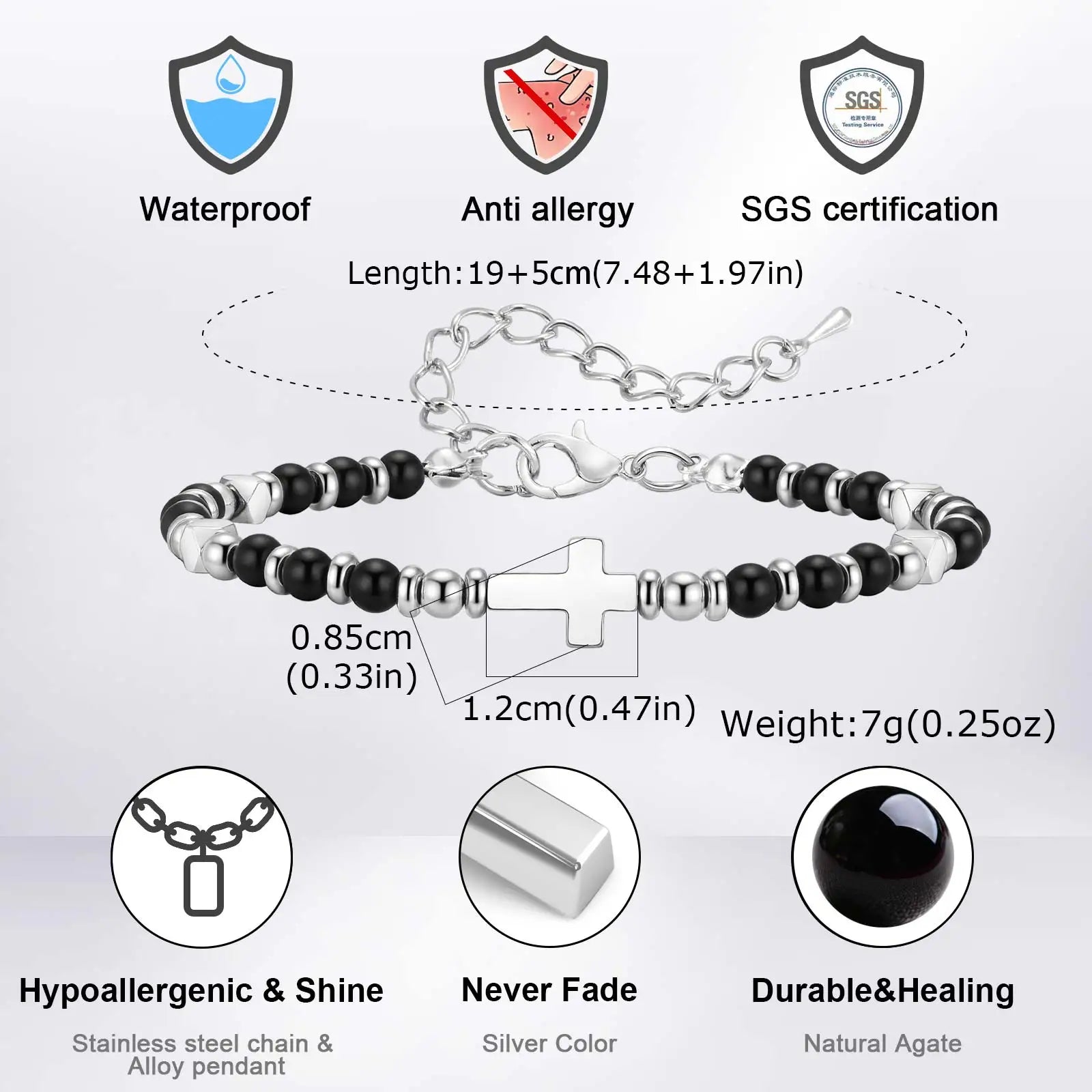 Vnox Men's Cross Natural Stone Beads Bracelets, 19-24cm Adjustable Length Lobster Clasp Trendy Chain Wristband Jewelry for Him
