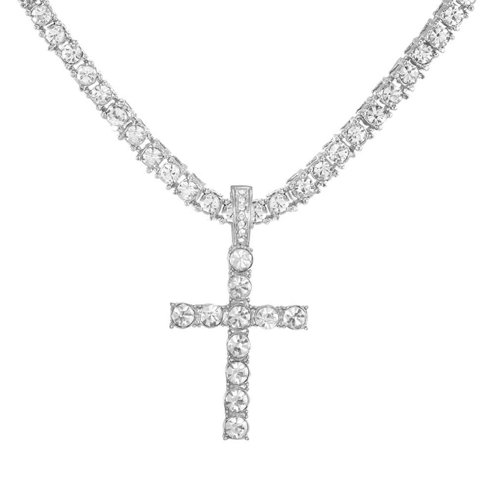 Iced Out Cross Pendant Necklace With 4mm Tennis Chain Religious Charm Full Rhinestone Bling Hip Hop Jewelry for Men and