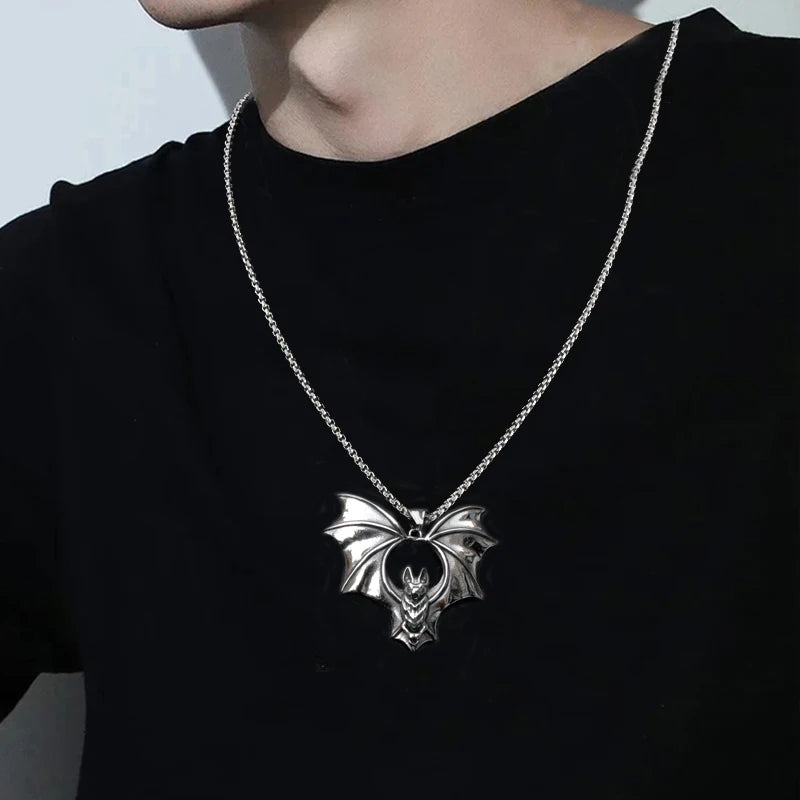 Gothic Bat Pendant Necklace Silver Stainless Steel
