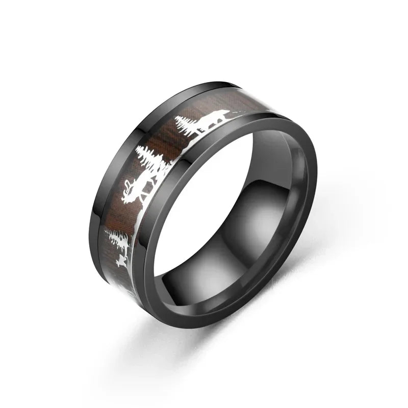 Black Inlaid Wood Grain Elk Christmas Tree Stainless Steel Couple Proposal Ring Animal Fashion Vintage Jewelry Christmas Gift