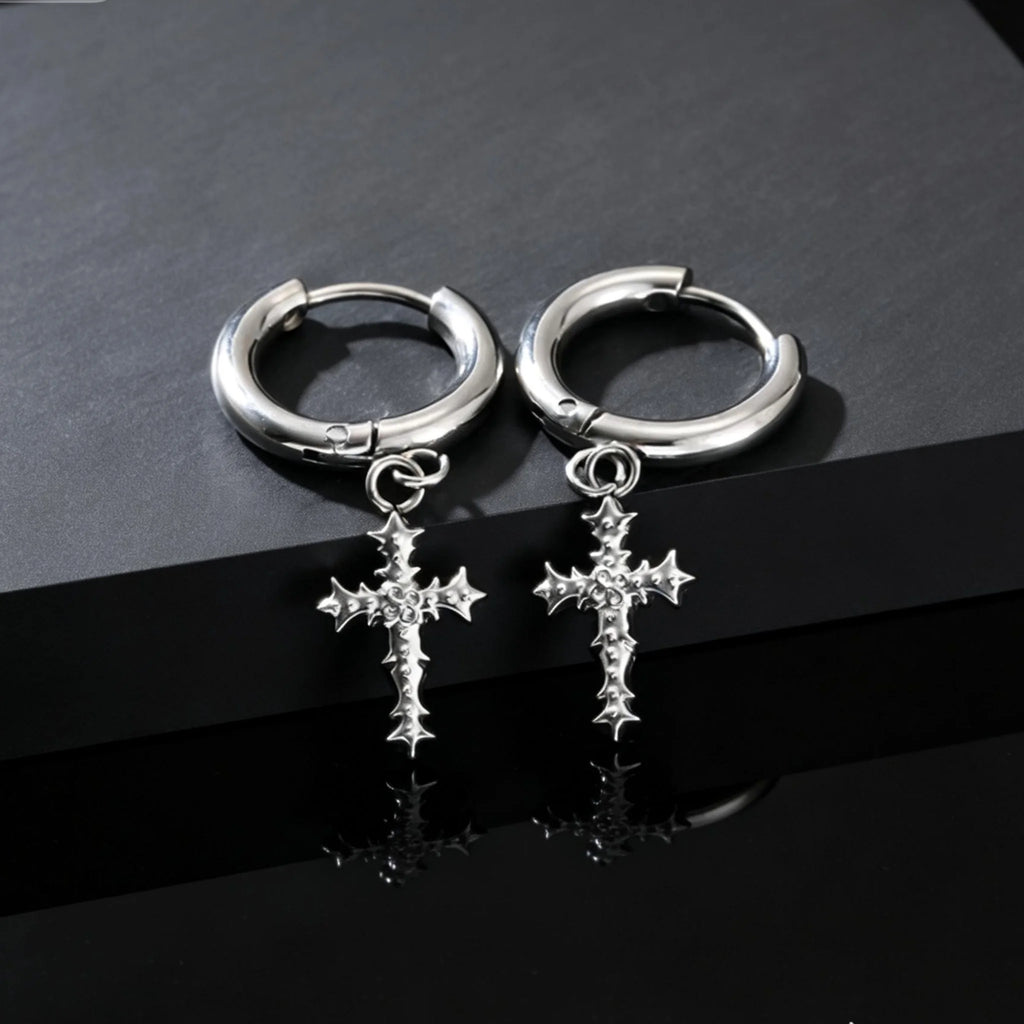 Punk Gothic Thorn Cross Pendant Hoop Earrings, Cool Hip Hop Stainless Steel Drop Earrings, Fashion Daily Party Jewelry