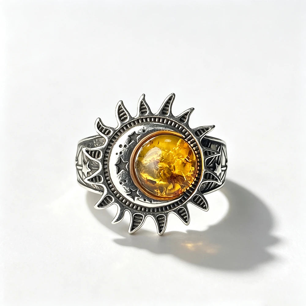 Sun Star Moon Cabochon Ring — Silver-Tone Bohemian