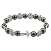 Catholic Cross Saint Benedict Hematite Prayer Bead Steel Bracelet